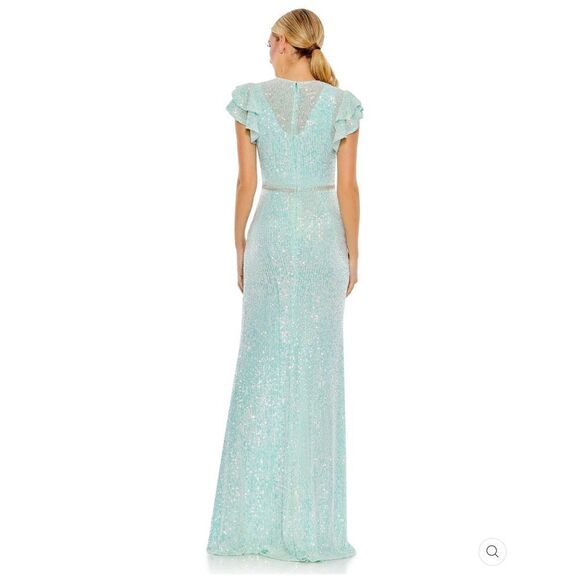 Mac Duggal 26942  Womens SEQUINED HIGH NECK FLUTTER SLEEVE GOWN Dress Blue - Picture 5 of 16